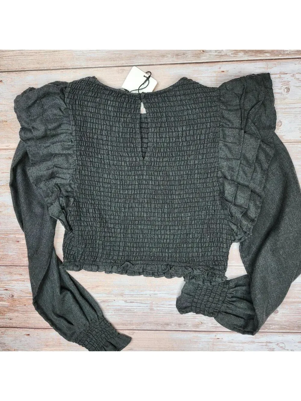 NEW Zara Smocked Ruffle Crop Top Gray Long Sleeve NWT Size Small